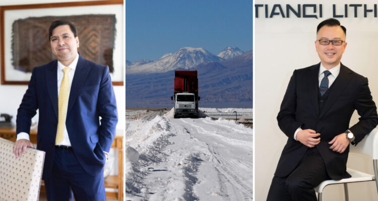 Izquierda: presidente del directorio de SQM, Gonzalo Guerrero centro: fotografía contexto de litio derecha: CEO de Tianqi, Frank Ha