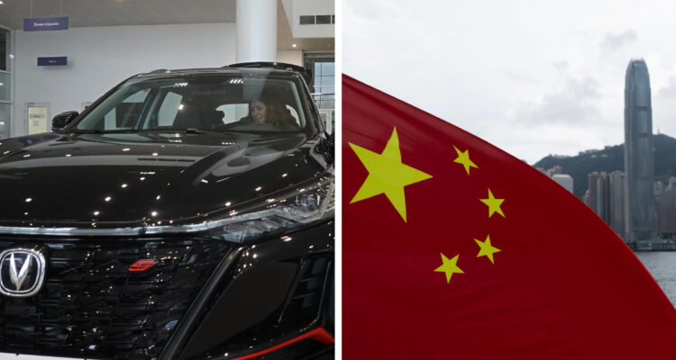Izquierda: un auto chino derecha: bandera de china, de fondo Hong Kong