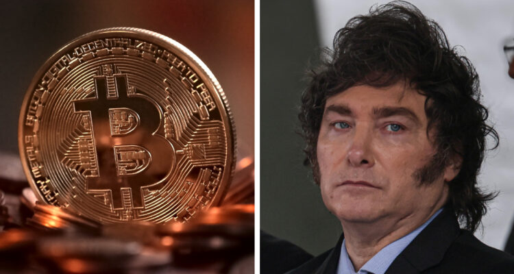 izquieda: representación física de un bitcoin Derecha: foto archivo de javier milei