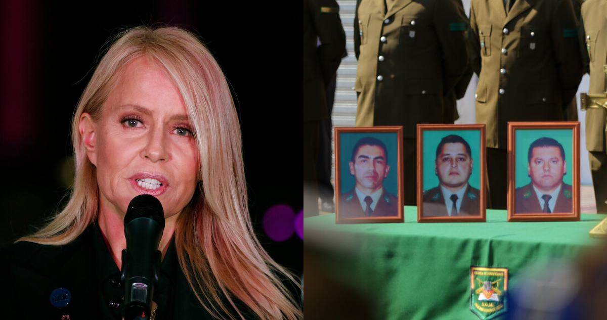 Cecilia Bolocco (izquierda) y fotografía de Carabineros asesinados (derecha)