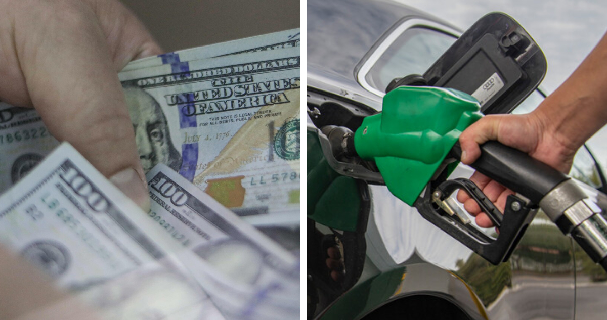 izquierda: imagen de dólar derecha: imagen de un surtidor de combustible
