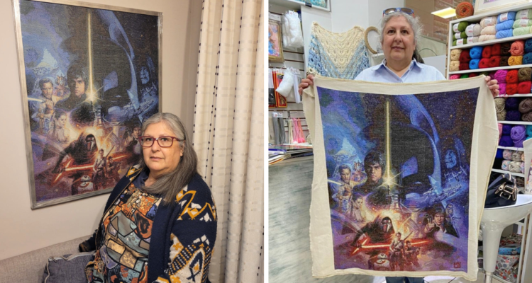 Evelyn Wilson, realizó un bordado con la técnica ‘punto cruz’ sobre la franquicia de Star Wars. El cuadro, ahora enmarcado en su casa, demoró más de cuatro años en estar listo.