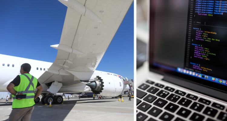 Izquierda: imagen contexto de un avión y un operario de aeropuerto derecha: imagen contexto de una computadora con un programa de programación abierto