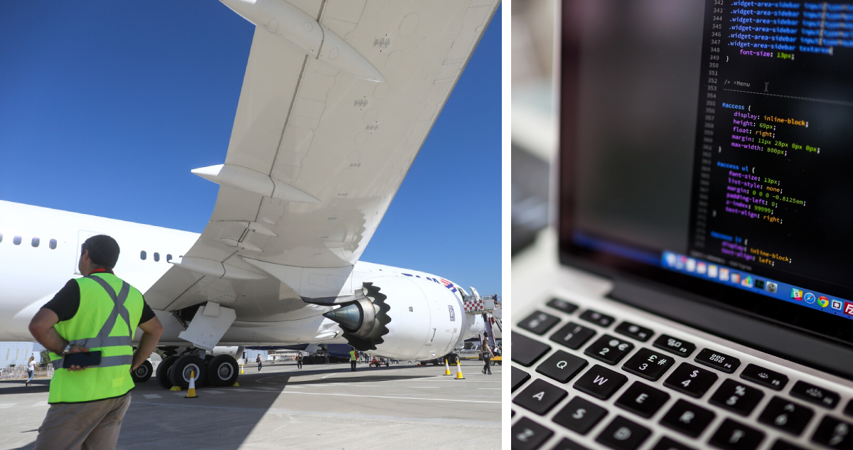 Izquierda: imagen contexto de un avión y un operario de aeropuerto derecha: imagen contexto de una computadora con un programa de programación abierto