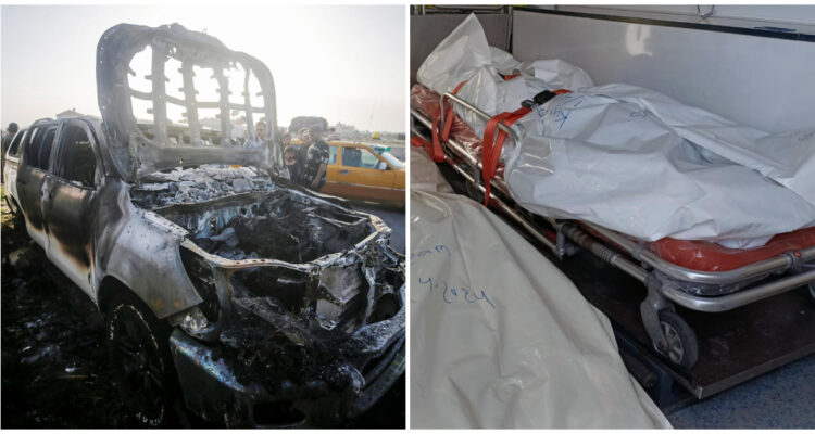 Vehículo atacado (i) | El cuerpo de uno de los voluntarios (d)