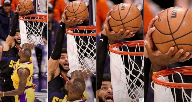 LeBron James impactó con un tremendo tapón ante los Nuggets.