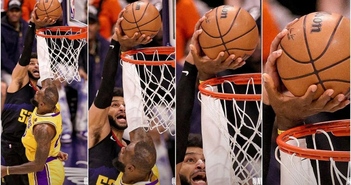 LeBron James impactó con un tremendo tapón ante los Nuggets.