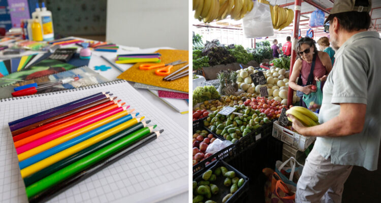 izquierda: materiales escolares derecha: personas comprando en la feria (imagen contexto de la inflación de marzo)