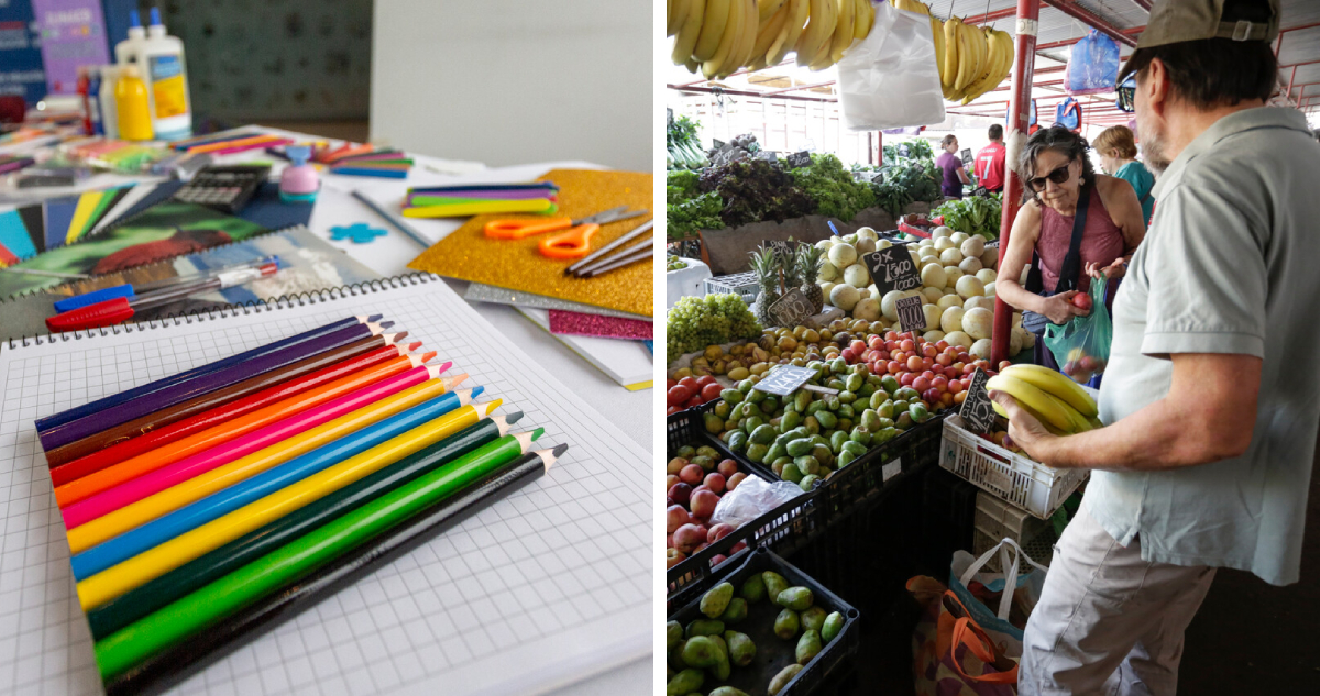izquierda: materiales escolares derecha: personas comprando en la feria (imagen contexto de la inflación de marzo)