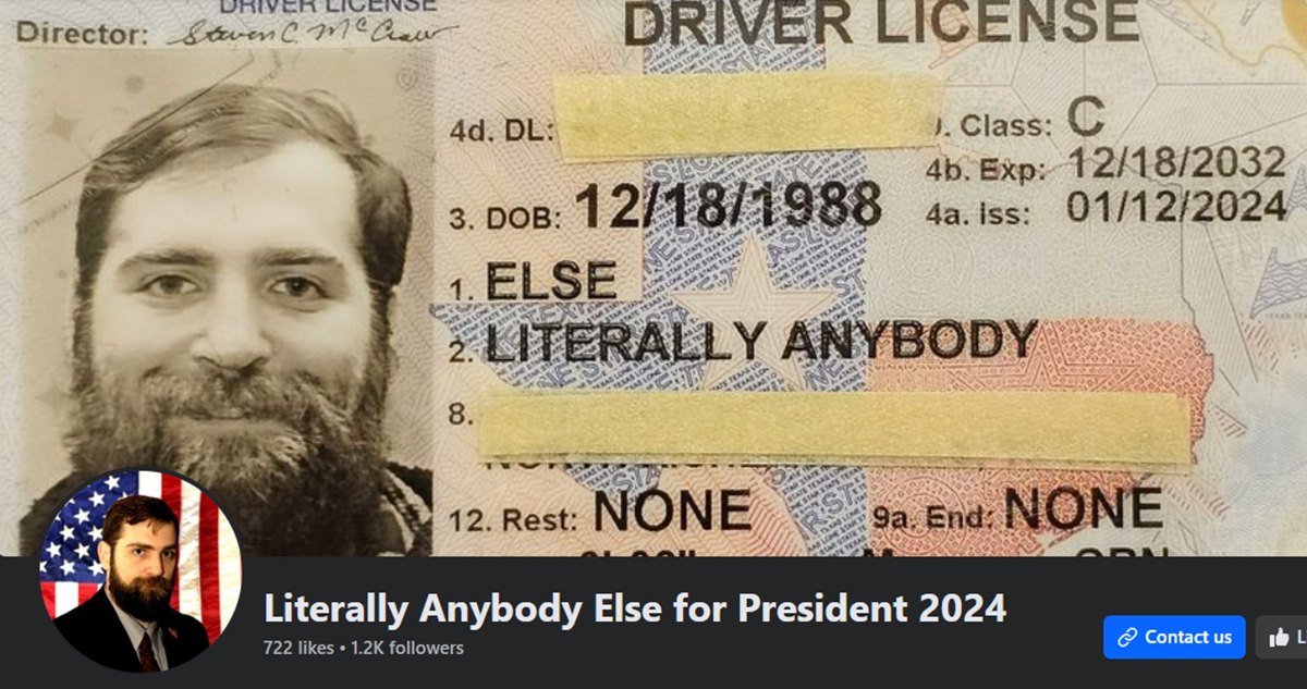 Un profesor texano se lanzó como candidato independiente a la presidencia de los Estados Unidos bajo el nombre de “Literally Anybody Else”.