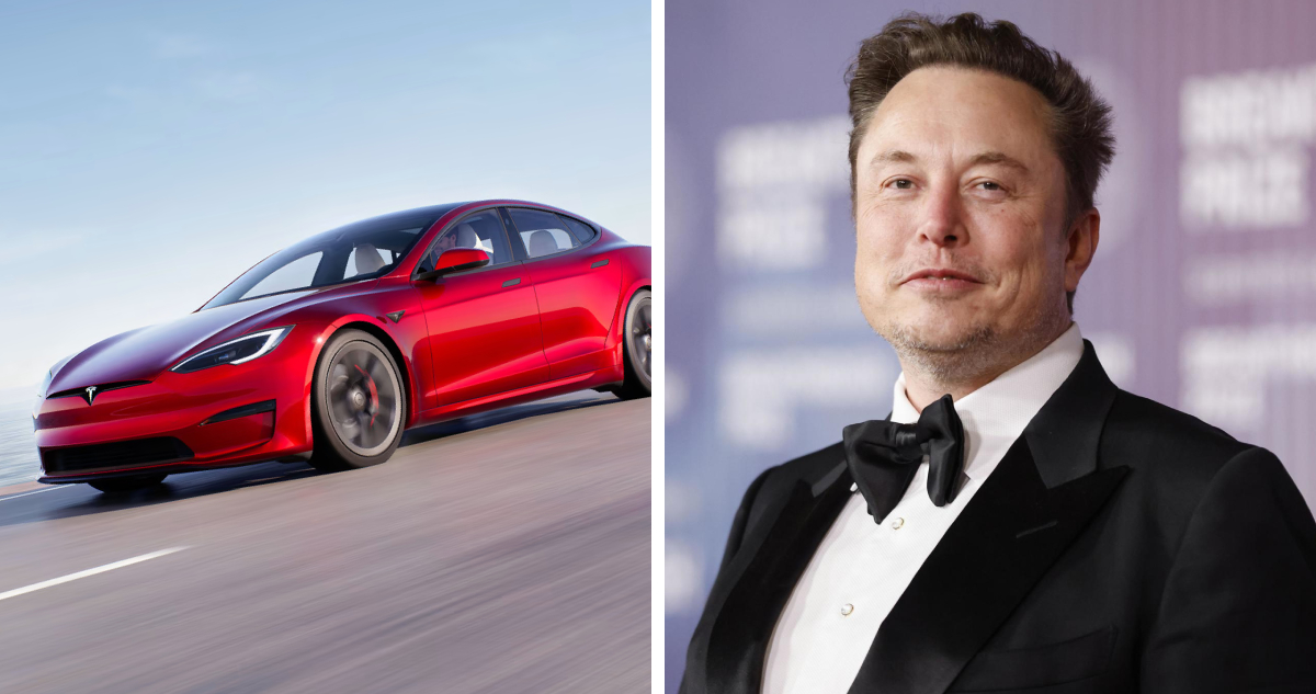 izquierda: auto de tesla derecha: foto archivo de elon musk