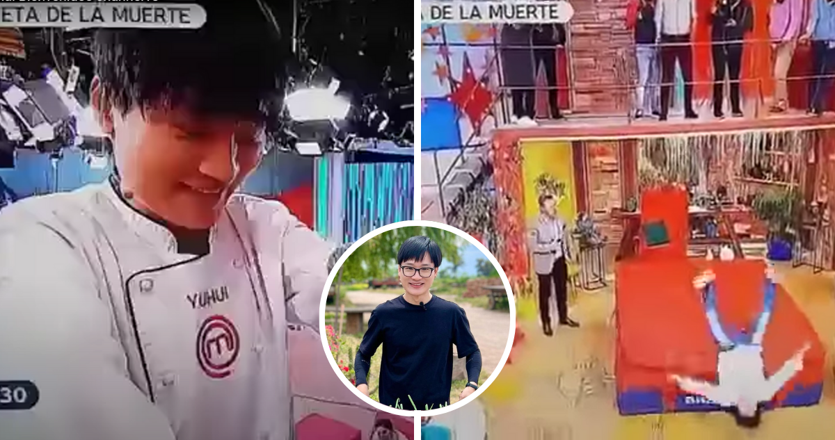 Capturas de la caída de Yuhui Lee en Bienvenidos y una miniatura de él en la actualidad
