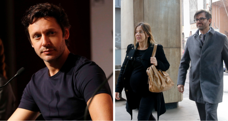 Benjamín Vicuña (izquierda) y Mariana Derderián junto a Francisco a Aravena en referencia a muerte de su hijo (derecha)