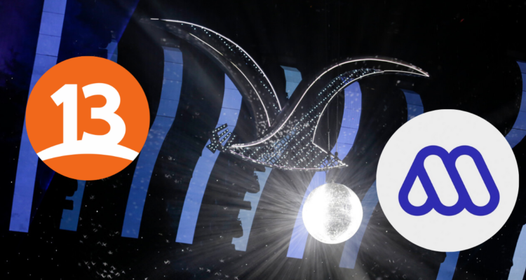 Fotografía del Festival de Viña (fondo) y logos de los canales Canal 13 y Mega en miniaturas