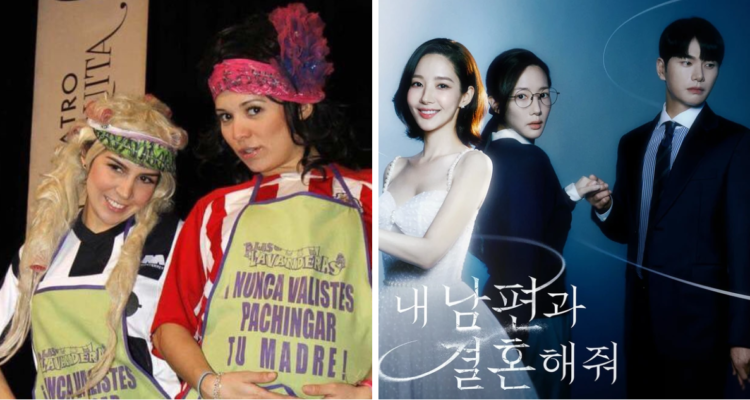 Karla Panini y Karla Luna (izquierda) junto a poster de k-drama Cásate con mi esposo