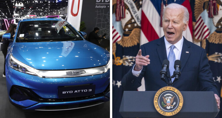 izquierda: un modelo eléctrico de la empresa china BYD derecha: foto archivo del presidente de EEUU, Joe Biden, en un discurso