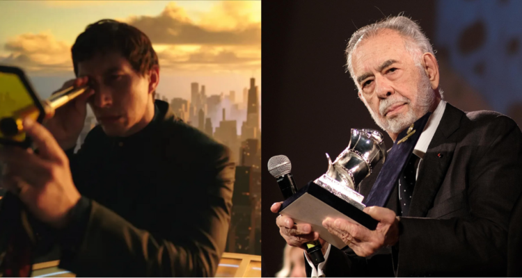 Fotografía promocional de Megalópolis con Adam Driver (izquierda) y Francis Ford Coppola (derecha) en referencia a acusaciones de acoso