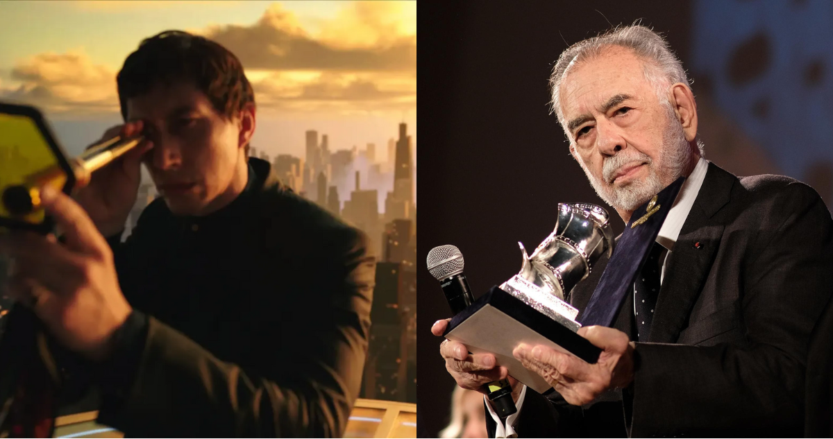 Fotografía promocional de Megalópolis con Adam Driver (izquierda) y Francis Ford Coppola (derecha) en referencia a acusaciones de acoso