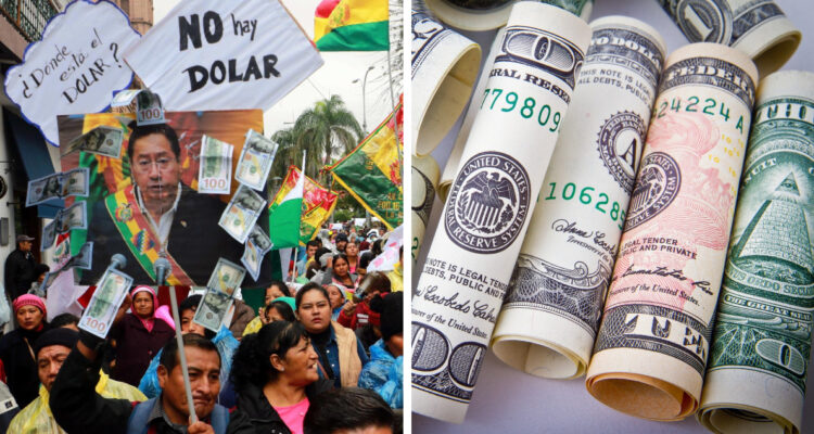 Imagenes de una marcha por la falta de dólares en Bolivia y otra foto contexto de billetes de dólar