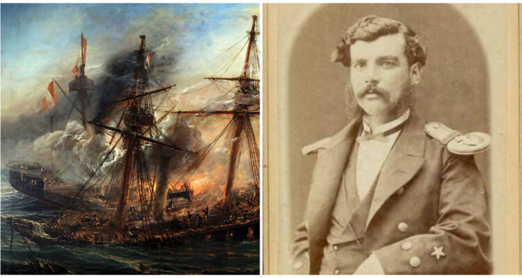 Óleo de Thomas Somerscales inspirado en el combate del 21 de mayo (I) | Imagen de Ignacio Serrano (D)