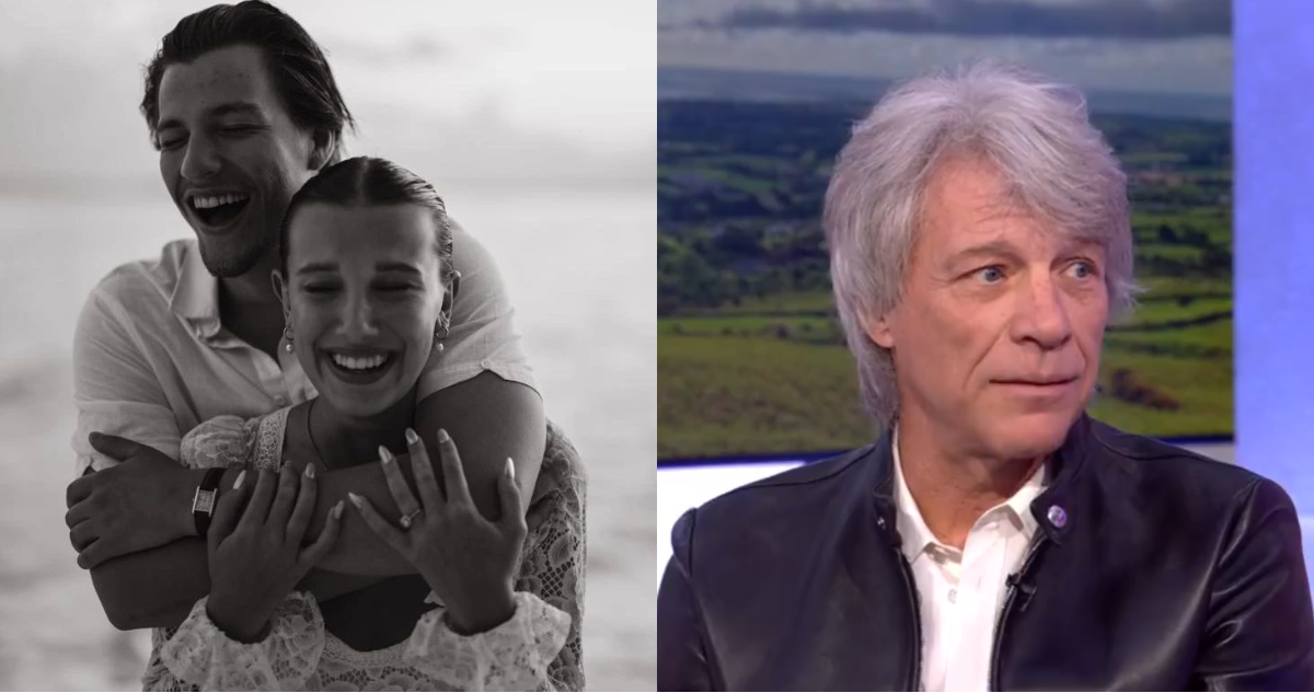 Millie Bobby Brown junto a Jake Bon Jovi y Jon Bon Jovi en referencia a su matrimonio