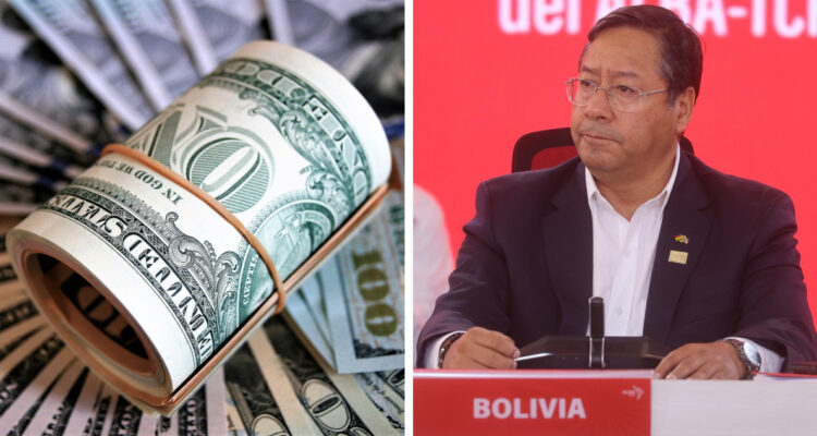 izquierda: imagen de dólares derecha: fotografía de luis arce, presidente de bolivia