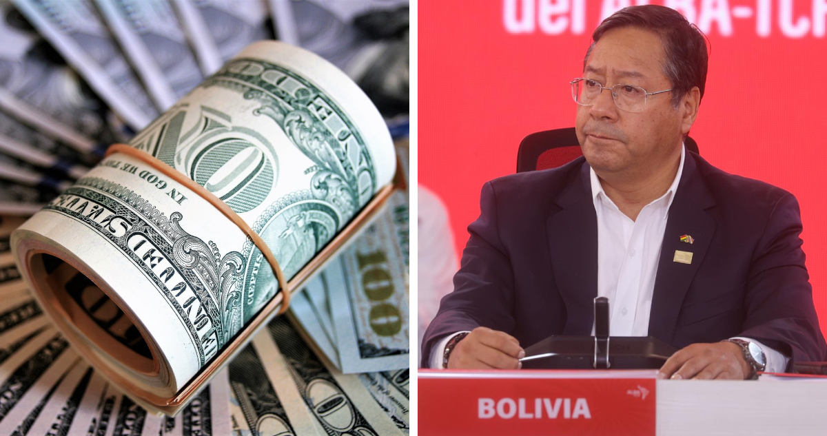 izquierda: imagen de dólares derecha: fotografía de luis arce, presidente de bolivia