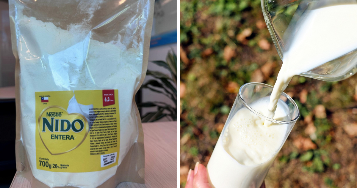 izquierda: fotografía de la leche nido falsa derecha: un vaso de leche