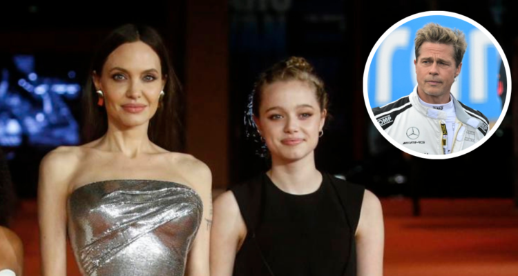 Angelina Jolie junto a Shiloh Jolie Pitt y miniatura de Brad Pitt