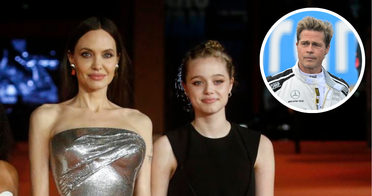 Angelina Jolie junto a Shiloh Jolie Pitt y miniatura de Brad Pitt
