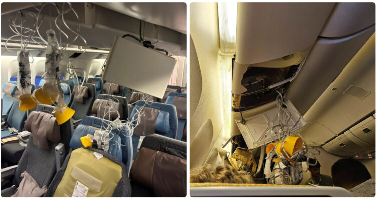 Interior del vuelo de Singapore Airline tras el aterrizaje de emergencia