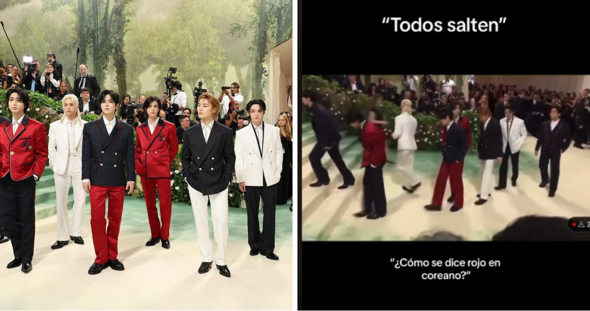 Stray Kids en la Met Gala (izquierda) y captura de burlas de los fotógrafos (derecha)