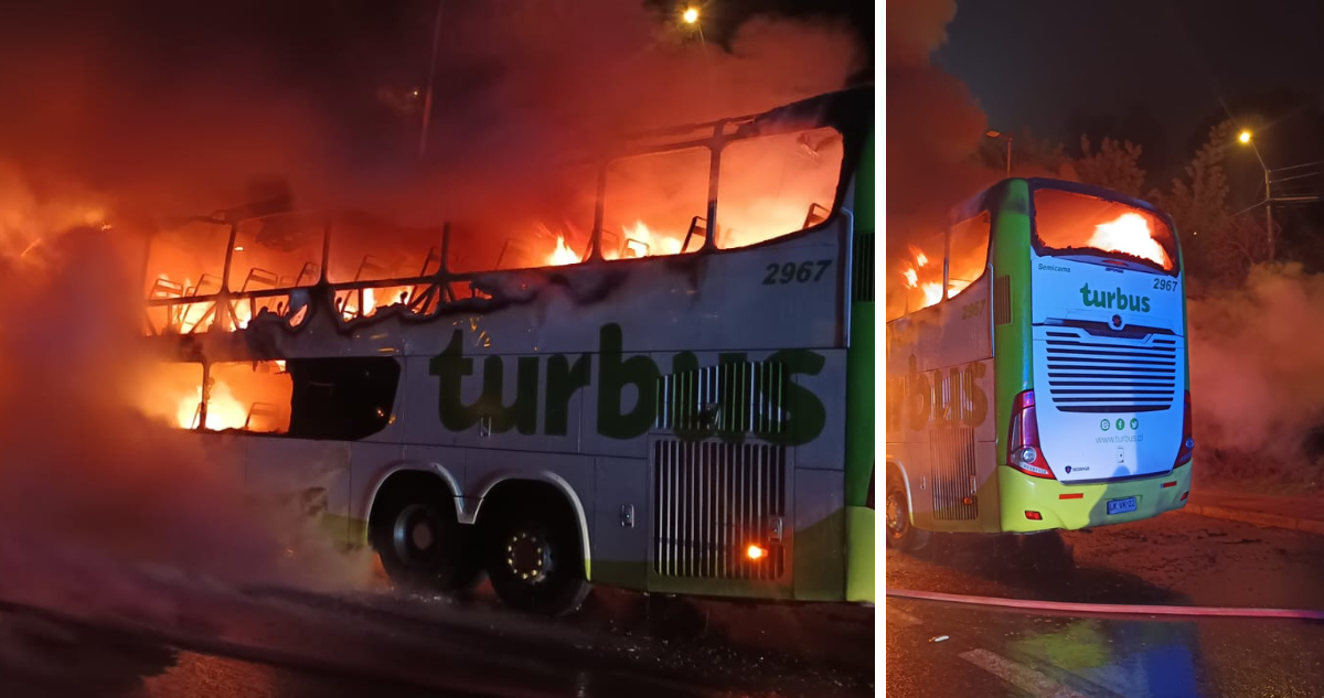 Bus de Tur Bus incendiándose camino a Valparaíso