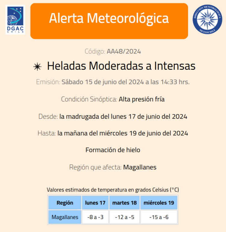 Nueva Alerta Meteorológica para la región de Magallanes por heladas de hasta -15° C 