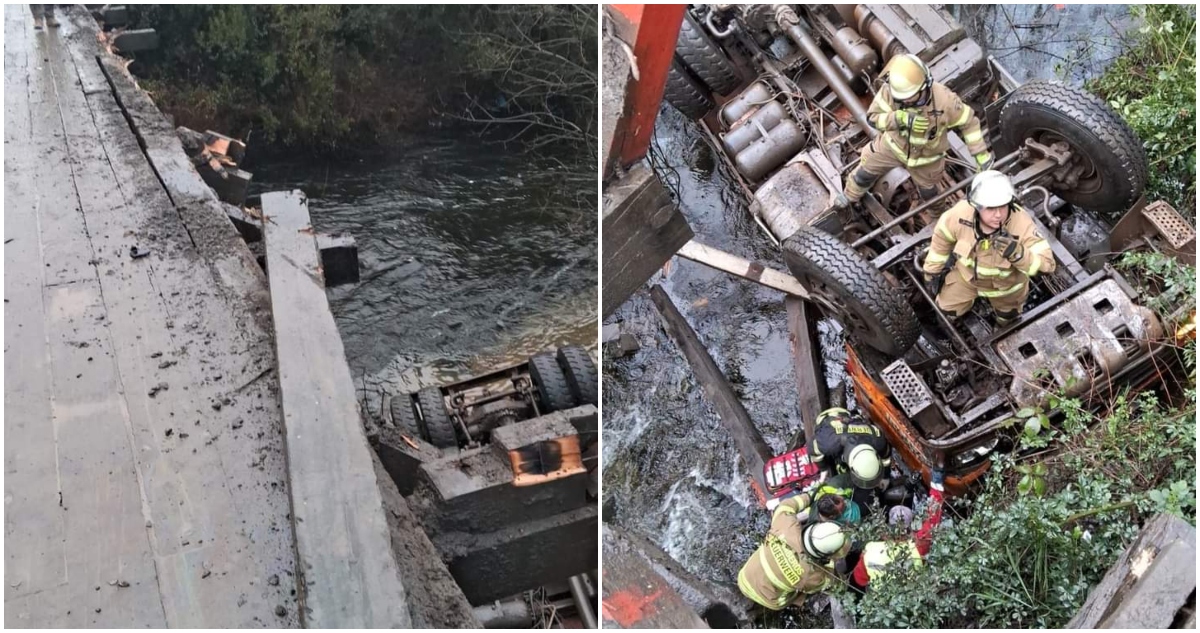 Camión cae a río y bomberos trabaja en rescate de conductor