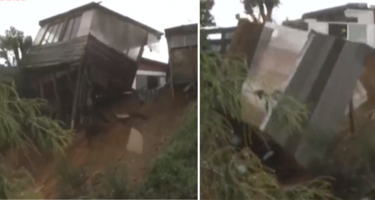 Captan derrumbe de parte de una vivienda desde cerro en Curanilahue tras socavón provocado por lluvias