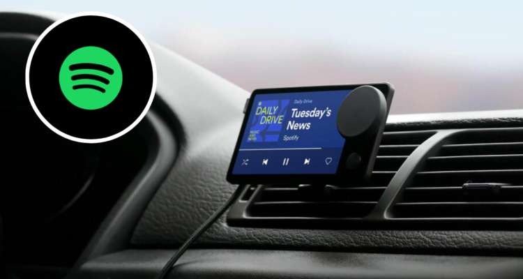 Foto promocional de Car Thing y del logo de Spotify