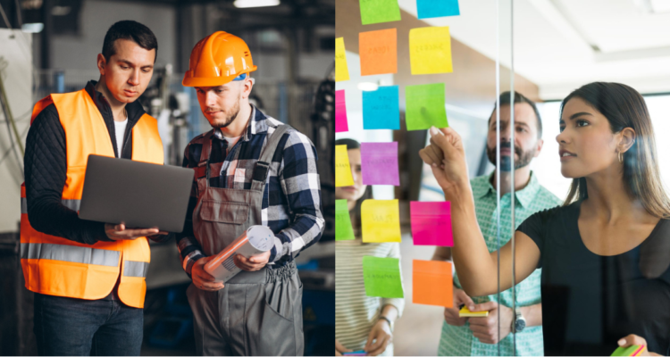 Hombres en construcción y personas en oficina en referencia a 8 consejos para caer bien en tu nuevo trabajo