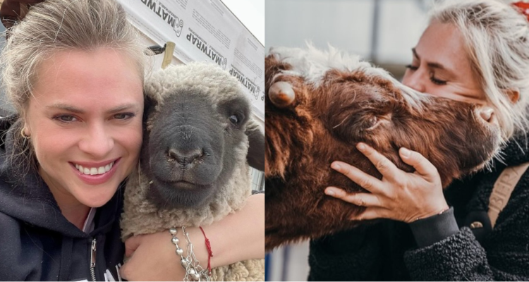 Eliana Albasetti junto a sus animales rescatados del santuario