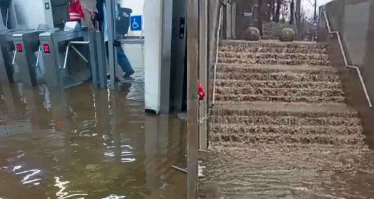Estación de EFE en San Bernardo termina bajo el agua: escaleras se transformaron en cascada