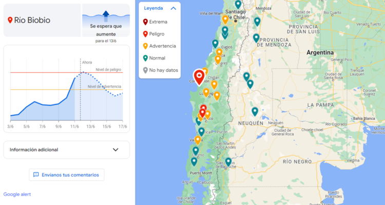 Google Flood Hub permite conocer los puntos del país -y del mundo- donde actualmente hay inundaciones en curso, o en peligro de ocurrir.