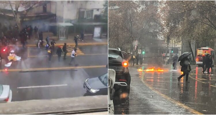 Encapuchados protagonizan incidentes afuera del Liceo Lastarria con pirotecnia y barricadas
