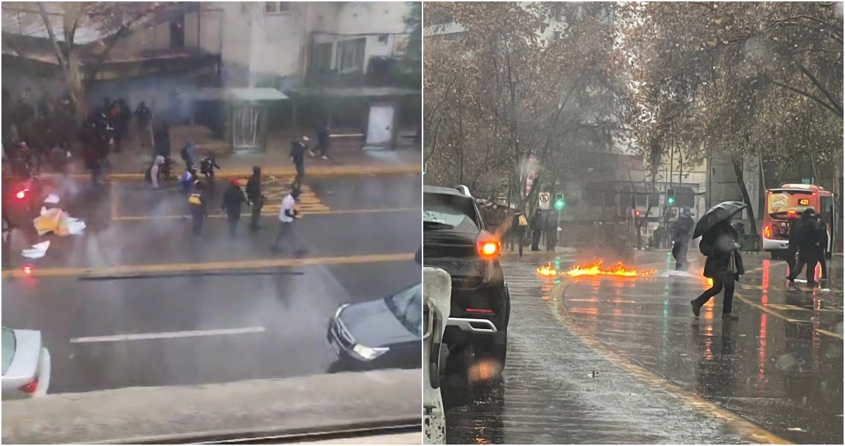 Encapuchados protagonizan incidentes afuera del Liceo Lastarria con pirotecnia y barricadas