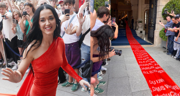 Katy Perry luce llamativo vestido rojo de 150 metros con la letra de su nueva canción en París