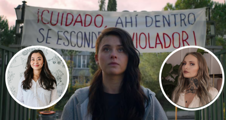 Poster de “Ni una más” (fondo) y Daisy Coleman junto a Chanel Miller (miniaturas)