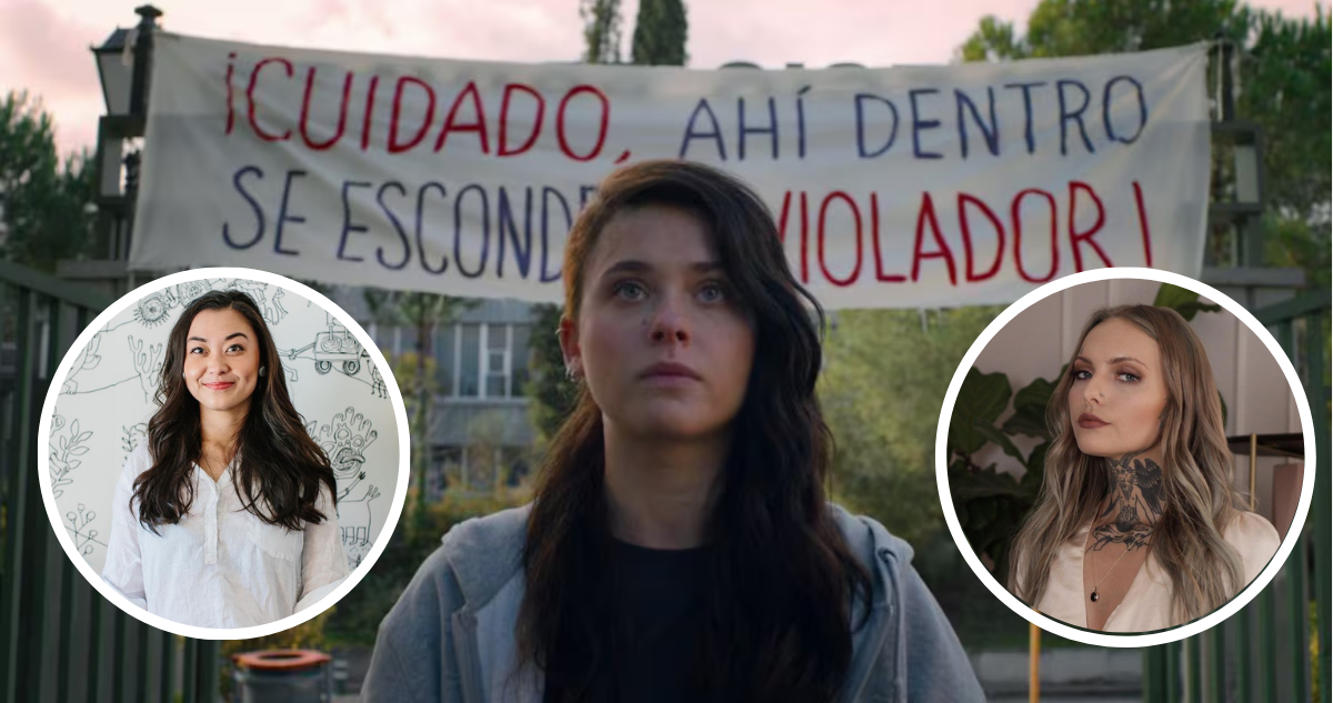 Poster de “Ni una más” (fondo) y Daisy Coleman junto a Chanel Miller (miniaturas)