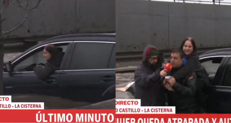 Periodista de TVN rescatando a conductora atrapada por lluvias