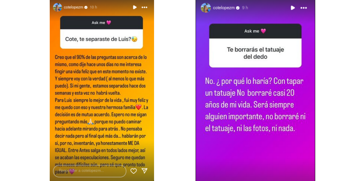 Instagram Stories de Cote López sobre quiebre con Luis Jiménez