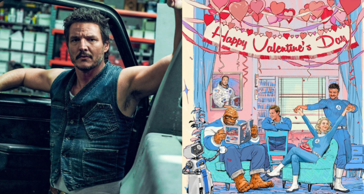 Pedro Pascal (izquierda) y póster de Los 4 fantásticos (derecha) en referencia a primera foto de los actores