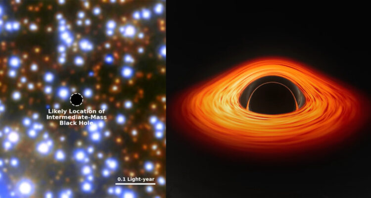 Imagen de la ubicación del agujero negro masivo más cercano a la Tierra y a la derecha la representación artística de un agujero negro